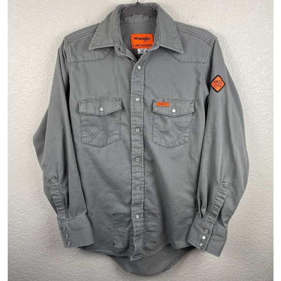 Wrangler Flame Resistant FR Pearl Snap Shirt Mens Small Gray LS Work Utility - Picture 1 of 13